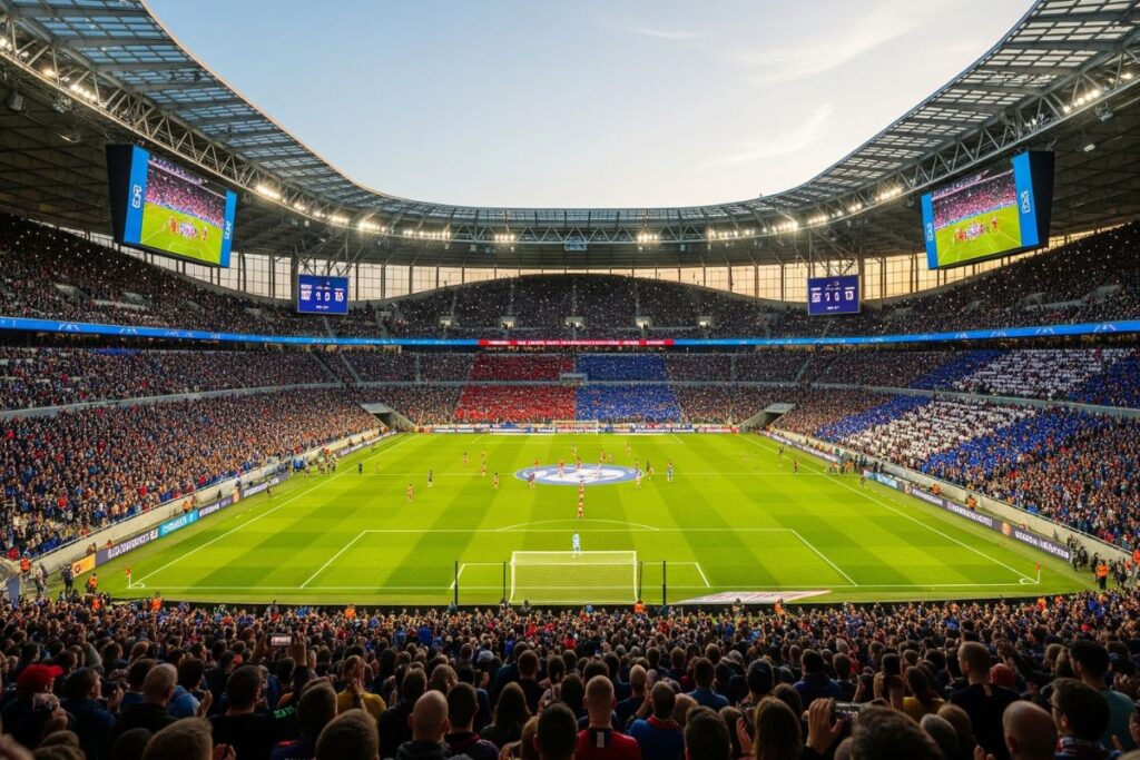 bustling sports stadium filled with fans symbolizing the scale of the sports industry