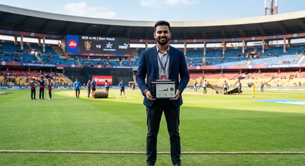 holding a digital tablet displaying sports marketing analytics