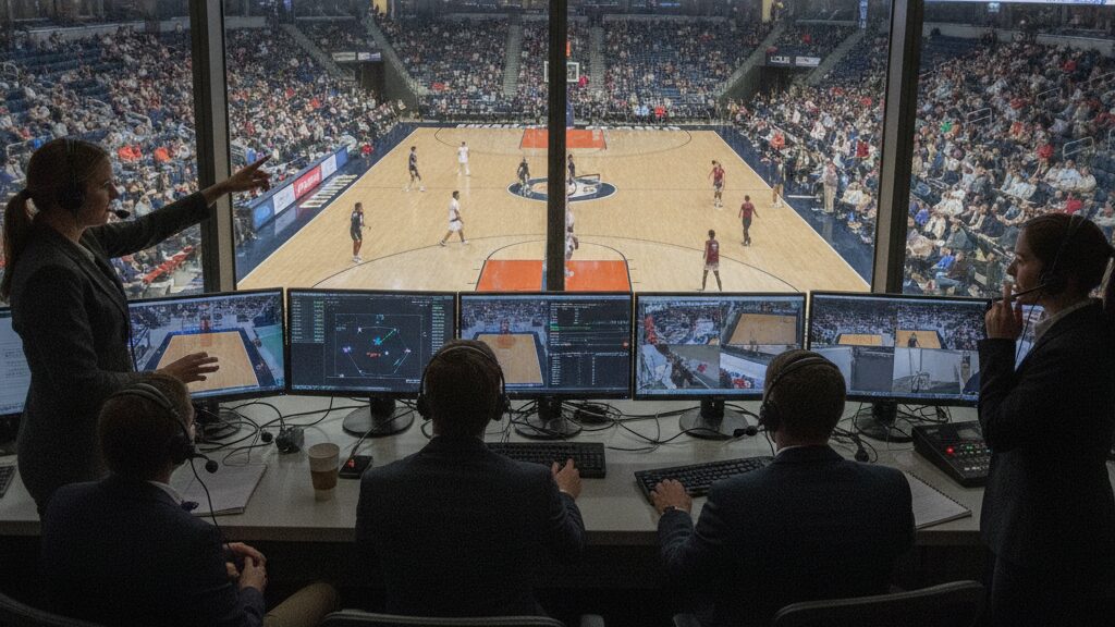Sports administration professionals managing an intercollegiate match from a control room