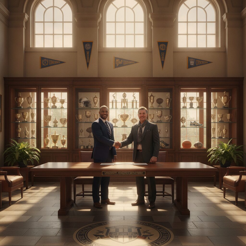 University officials meeting beside trophy displays in an administrative hall