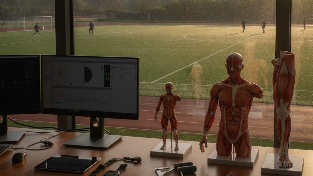 Sports science desk with anatomical models overlooking an athletic field.
