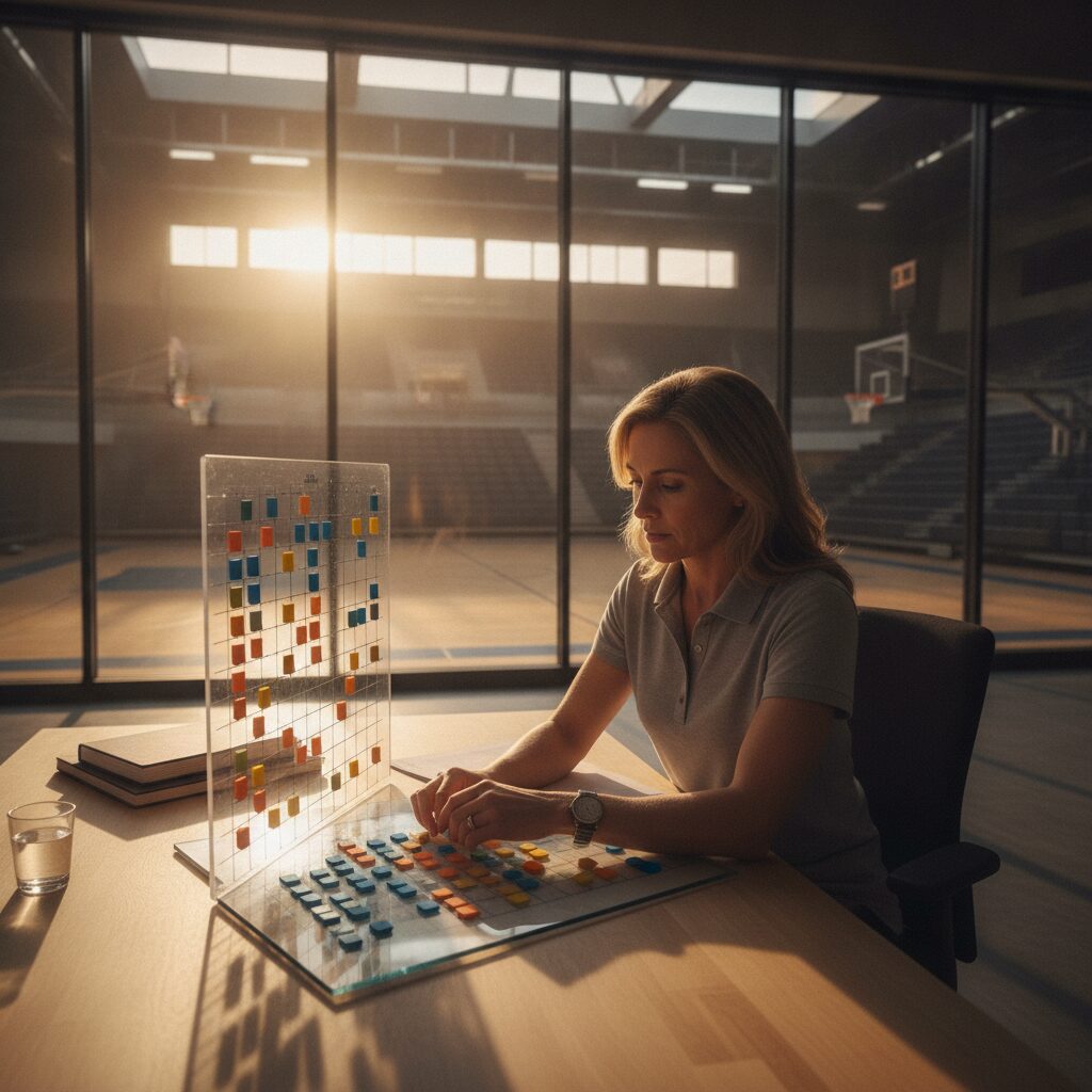 Athletic director planning a structured competition schedule overlooking an arena