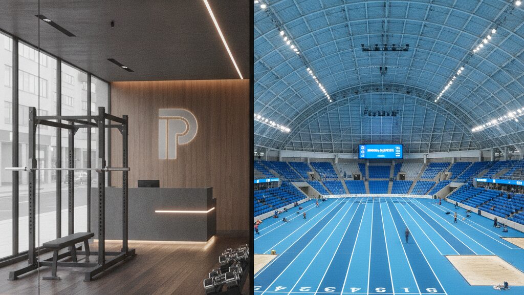 Split view of a private gym studio and an elite national federation facility.