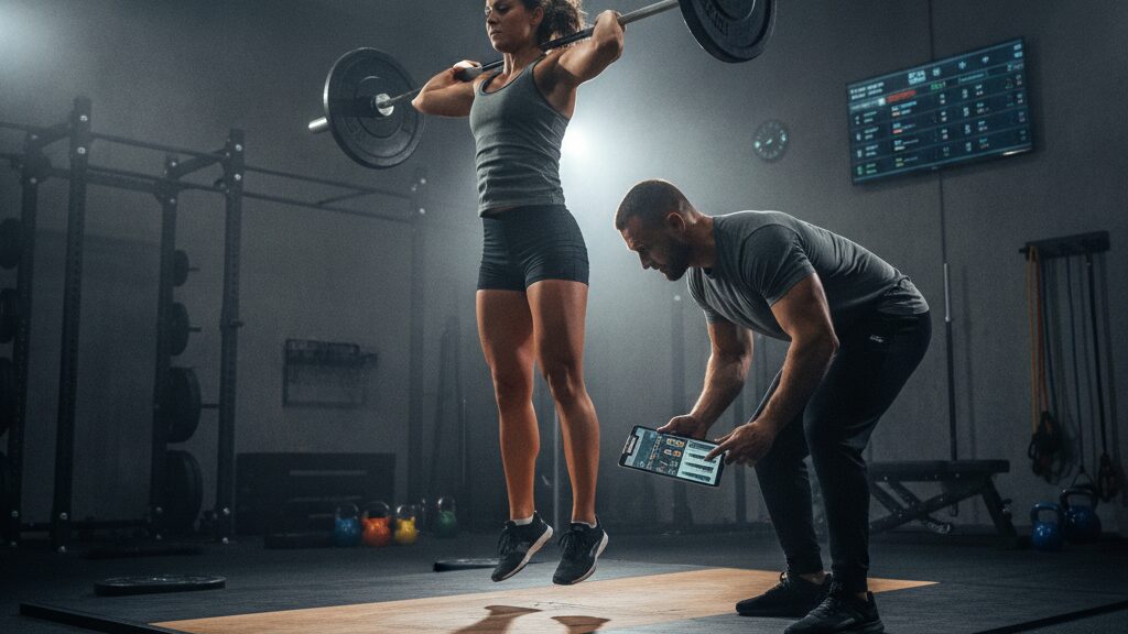 Strength coach monitoring an athlete's technical barbell lift.