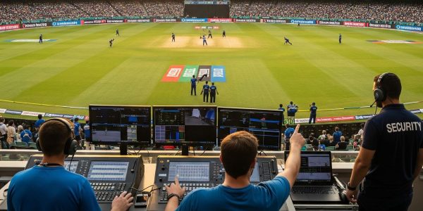 A wide-angle shot of a bustling sports stadium during a game showcasing the crowd, the field and the operational staff working behind the scenes