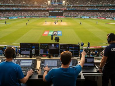 A wide-angle shot of a bustling sports stadium during a game showcasing the crowd, the field and the operational staff working behind the scenes