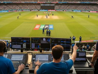 A wide-angle shot of a bustling sports stadium during a game showcasing the crowd, the field and the operational staff working behind the scenes