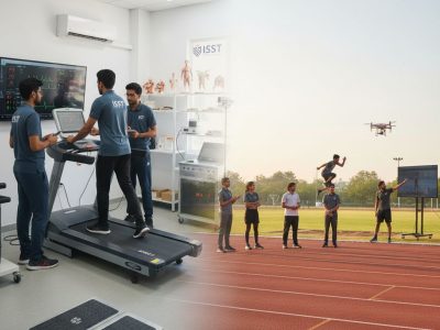 An exercise physiologist monitoring an athlete on a treadmill with advanced testing equipment (1)