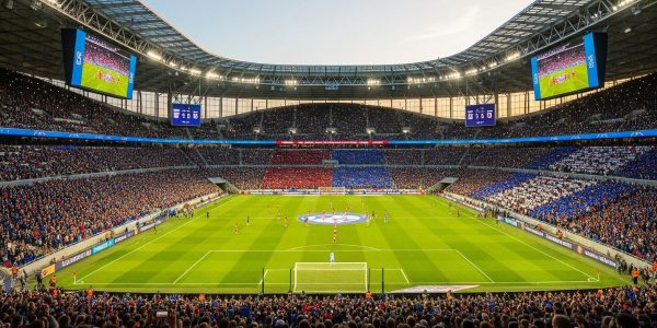 bustling sports stadium filled with fans symbolizing the scale of the sports industry