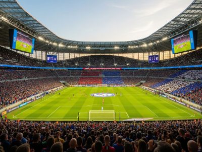 bustling sports stadium filled with fans symbolizing the scale of the sports industry