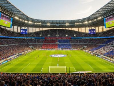 bustling sports stadium filled with fans symbolizing the scale of the sports industry